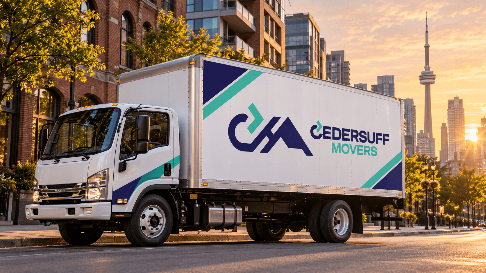 CEDERSUFF Movers truck parked on a Toronto street at sunset with the CN Tower behind