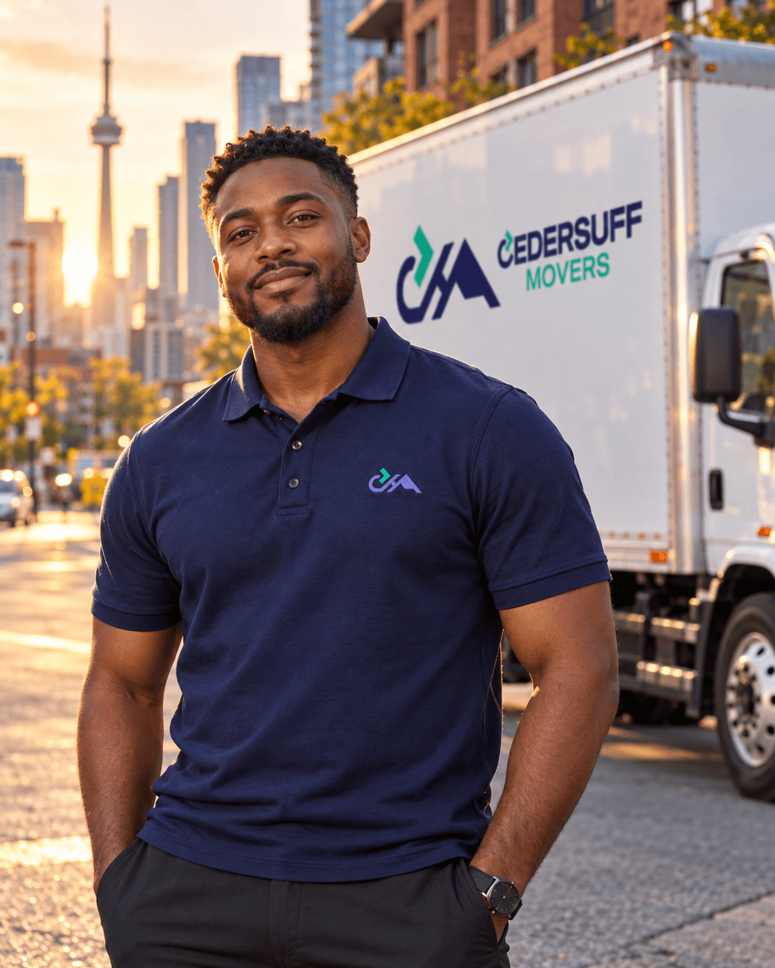 CEDERSUFF team member in a branded polo standing beside the moving truck