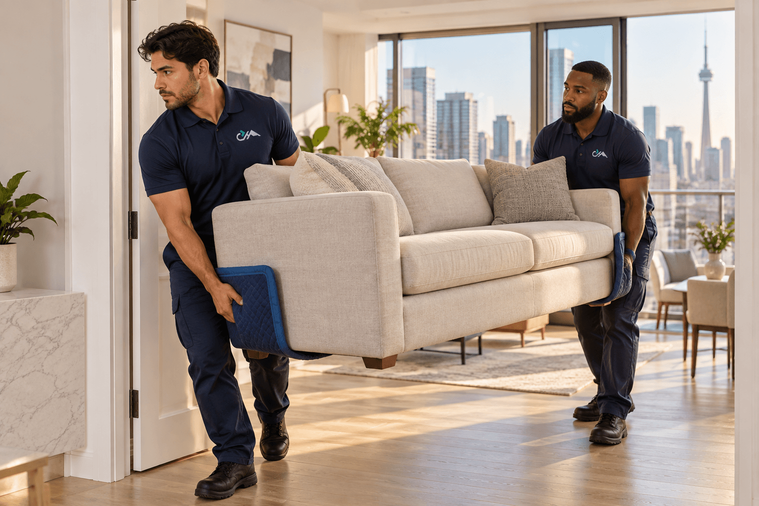 Two CEDERSUFF movers carrying a sofa through a Toronto condo